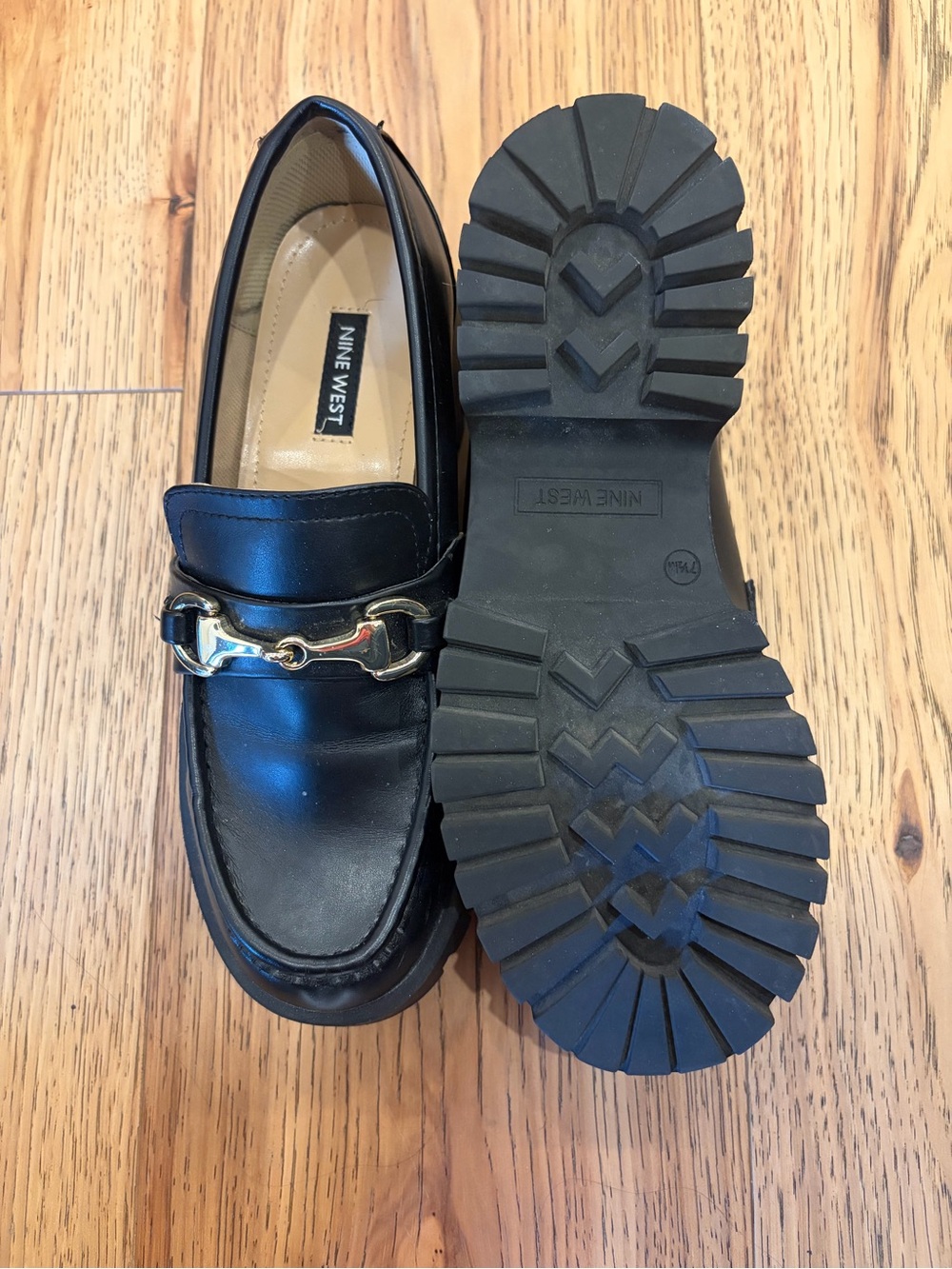 Nine West Black Leather Bit Loafers with Lug Sole